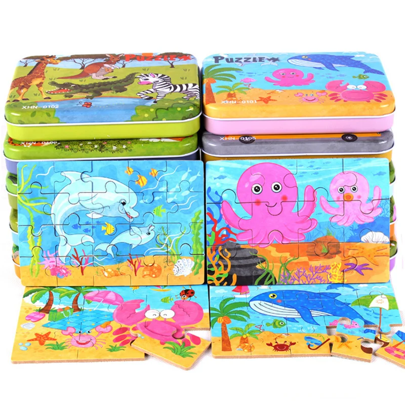 

2017 New Four in one Cartoon Puzzles Iron Box Wooden Toys Jigsaw Puzzle for Children Educational Toys