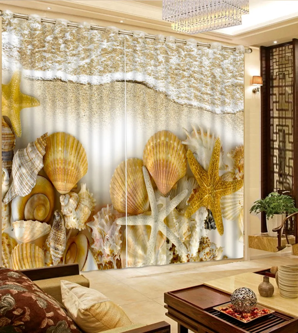 

Fashion Beach waves Curtains Blackout Photo Luxury Curtains For Bedroom Living room Top quantity fabric 2 pieces Curtains