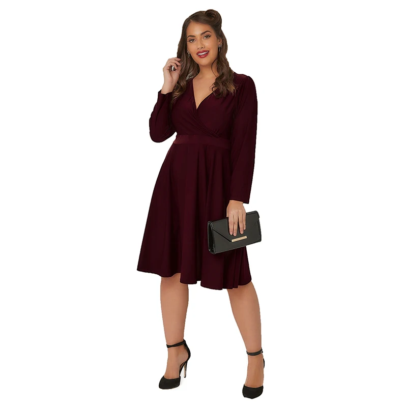 

Kissmilk Plus Size Women Casual Loose Wrap V Neck Solid A Line Dress Office Lady Long Sleeve High Waist Midi Dress Waist Tie