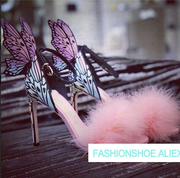 

Chic Sweet Butterfly Sandals Ankle Strap Leather Open Toe Printed Sandals High Thin Heels Pink Rabbit Fur Party Wedding Sandals