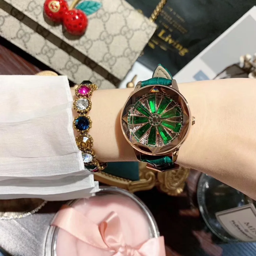 Брендовые модные спиннинговые зеленые часы для женщин роскошные летние платья Кварцевые часы из натуральной кожи наручные часы