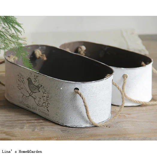 retro vintage stackable 2 pieces mini oval zinc planter with hemp rope handles (2)