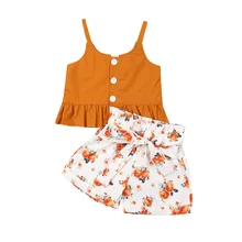Новинка; хлопковый жилет для маленьких девочек; укороченные топы; шорты с цветочным принтом; летняя одежда