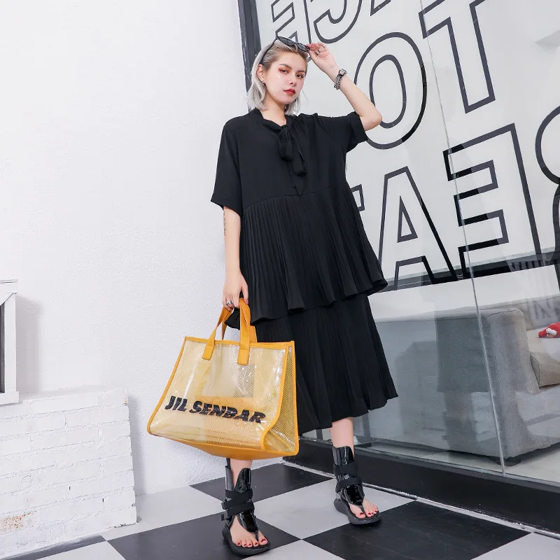

Johnature Summer New Streetwear Loose Patchwork Ruffles Pleated Loose Dresses Women 2019 Tie Bow Chiffon Dress Black