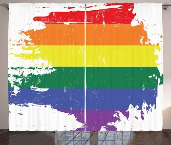 

Vintage Rainbow Curtains Colorful Grunge LGBT Flag Design Worn Out Stripes of Paint Gay Culture Living Room Bedroom Window Drape