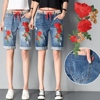 

Free shipping Elastic waist hole denim women short trousers female loose summer leisure shorts embroidered flowers jeans size 36