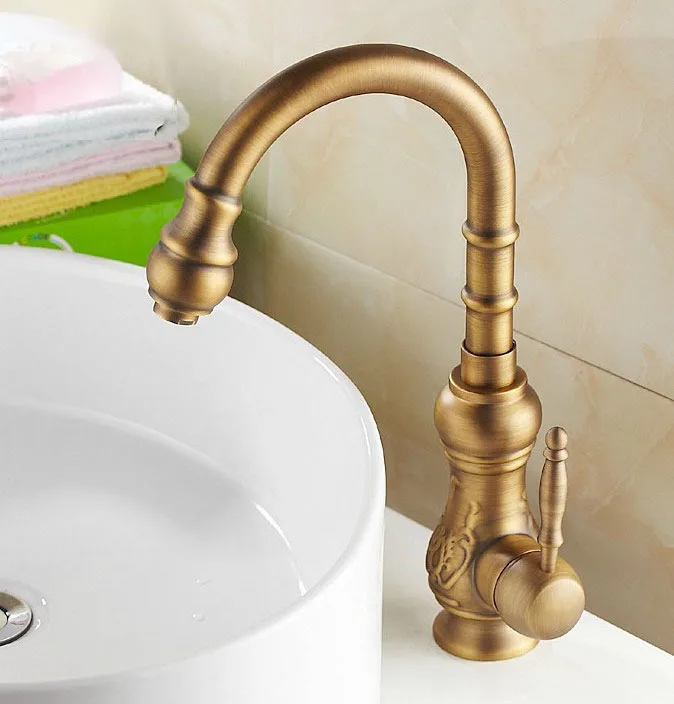 Antique Brass Single Lever Handle Swivel Kitchen Bathroom Sink Basin Faucet Mixer Taps  aan004
