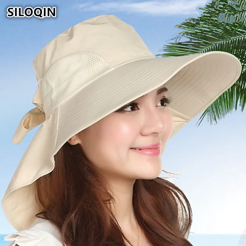 

SILOQIN Summer Women's Hat Foldable Big Eaves Breathable Sun Hats UV Resistant Beach Hat For Women Ribbon Decoration Female Cap
