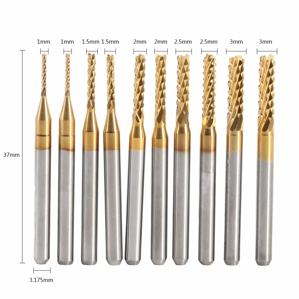 

10pcs/set Titanium Coated End Mill Cemented Carbide CNC Milling Cutters Tools 1 1.5 2 2.5 mm Straight Shank Router Drill Bit Set