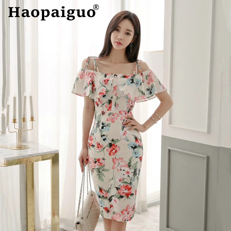 

Plus Size Print Floral Casual Two Piece Set Spaghetti Strap Slash Neck Blouse and Empire Bodycon Bandage Dress Women Flower Suit