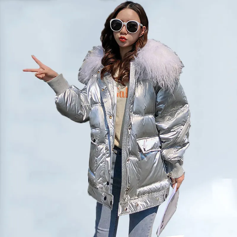 

2019 Winter New Down Coat wWomen Korean Fashion Paint Leather Glossy Silver Beach Lamb Hair Big Fur Collar Down Jacket Women 450