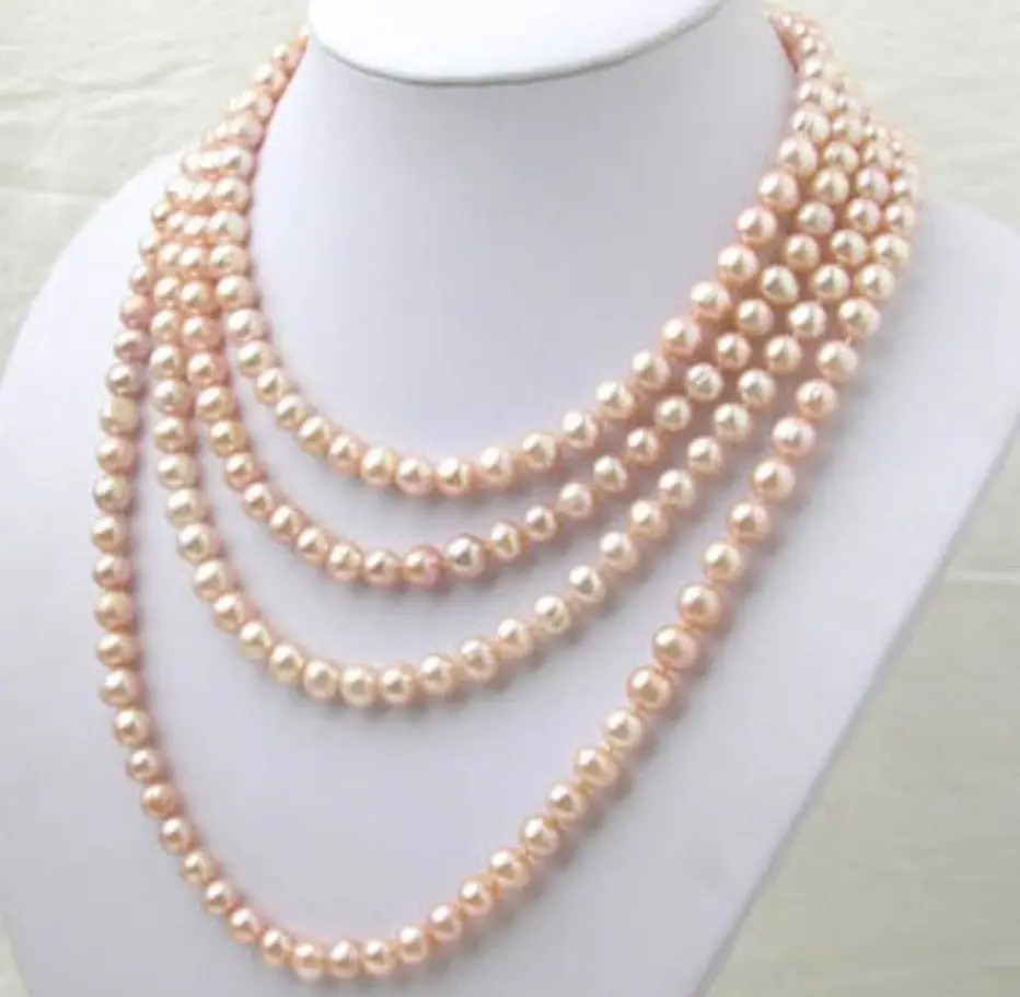 

FREE SHIPPING>>>@@ > AAA 7-8MM pink Akoya pearl long necklace 100 inch^^^@^Noble style Natural Fine jewe &