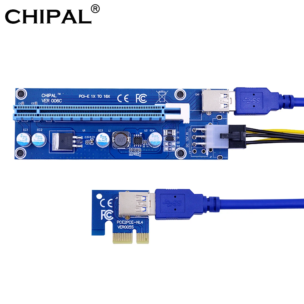 

CHIPAL VER006C 60CM PCIE PCI-E 1X to 16X Riser Card with USB 3.0 Data Cable / SATA 15Pin to 6Pin Power Cable for BTC LTC Miner