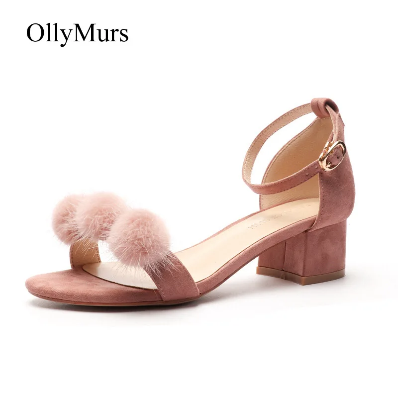 

Casual Shoes Women zapatos de mujer Summer Elegant chaussures femme Lady footware Med Heel sandalia feminina Hairball Ankle Wrap