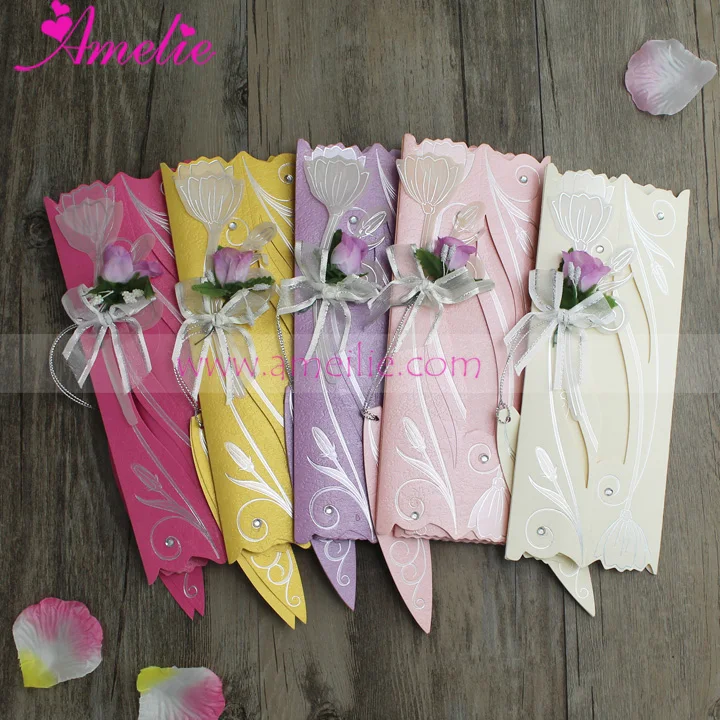 

100Piece/Lot Wedding Invitations with Flower and Ribbons Scroll Wedding Invitation Party Decoration Mariage Favors Paper Card