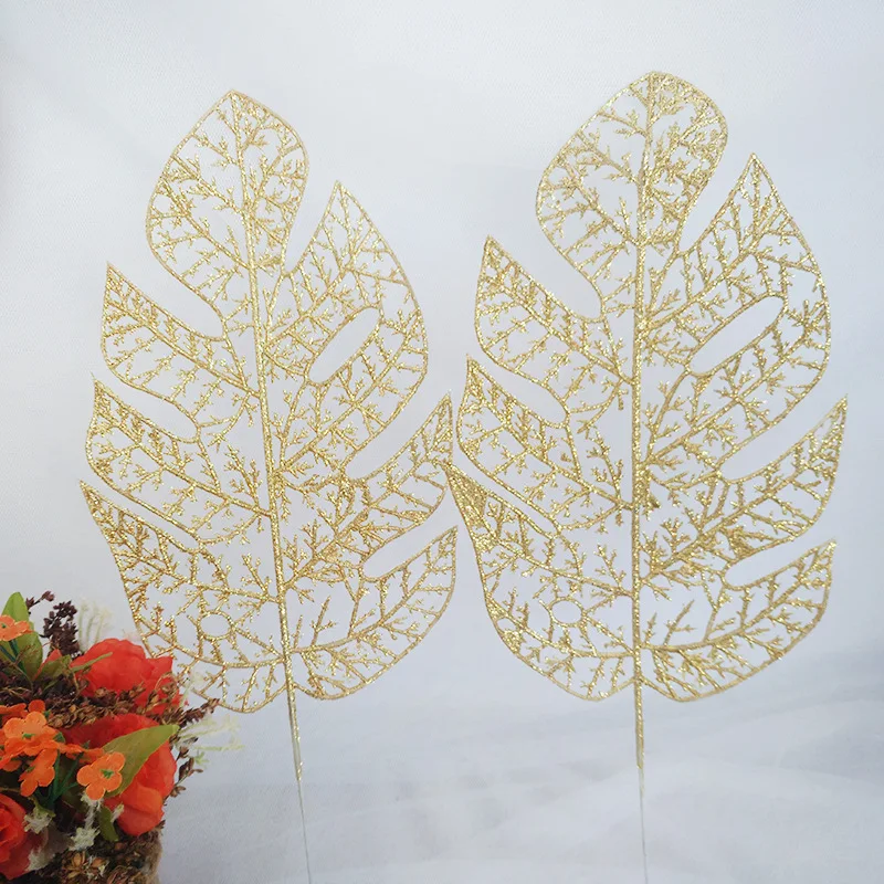 

35cm Silver Gold Artificial Leaves Plastic Monstera Deliciosa Jungle Leaf Branches Fake Plants Christmas Decoration plantas