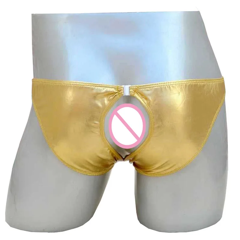

New Sexy Men's Underwear Briefs Male PU Leather Buttocks Panties Gold Silver 805
