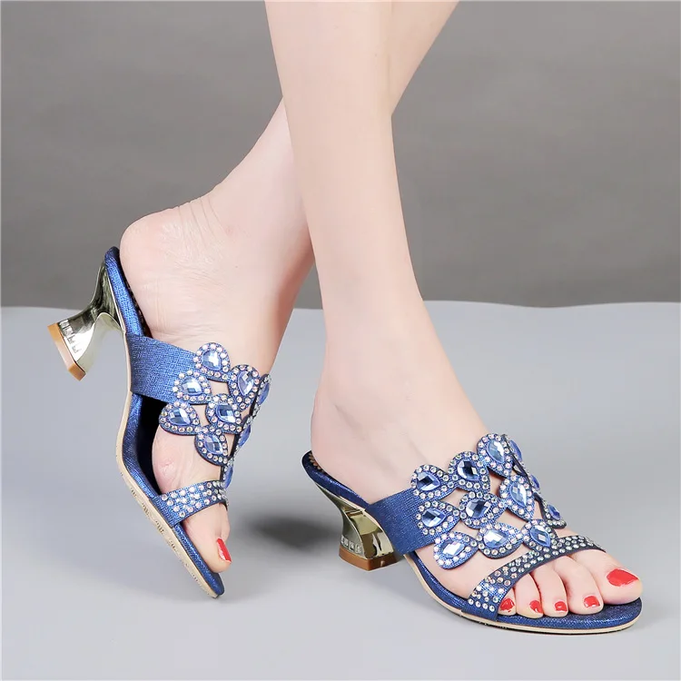G-sparrow 2018 New Womens Bohemian Rhinestone Thick High Heeled Slippers High Quality Famous Brand Female Shoes Blue4