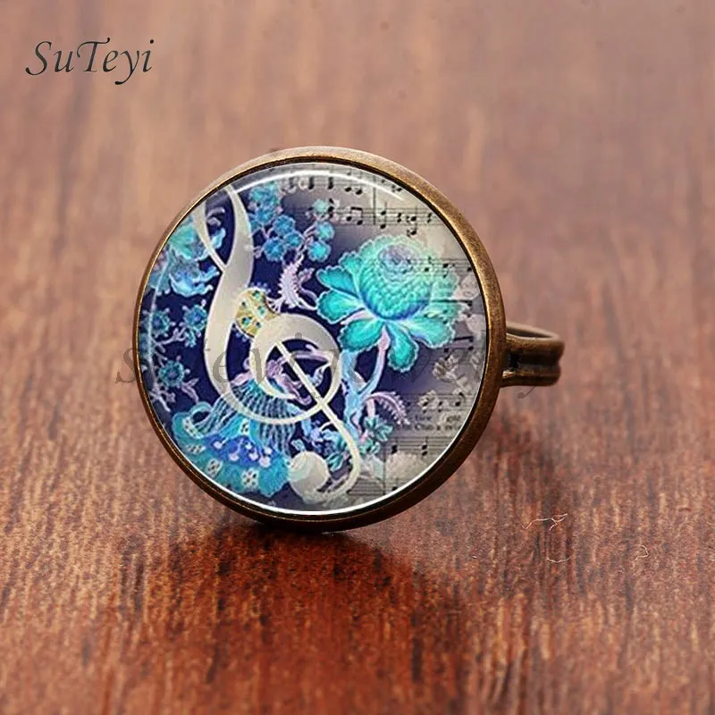 

SUTEYI Sliver / Bronze Plated Musical Note Ring Piano And Music Note Pattern Ring Glass Cabochon Jewellery For Women gift