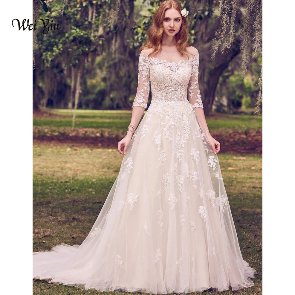 

weiyin Vestido de Noiva Manga Longa A-Line Pearls Lace Wedding Dresses Sexy Wedding Gowns Bridal Wedding Dress