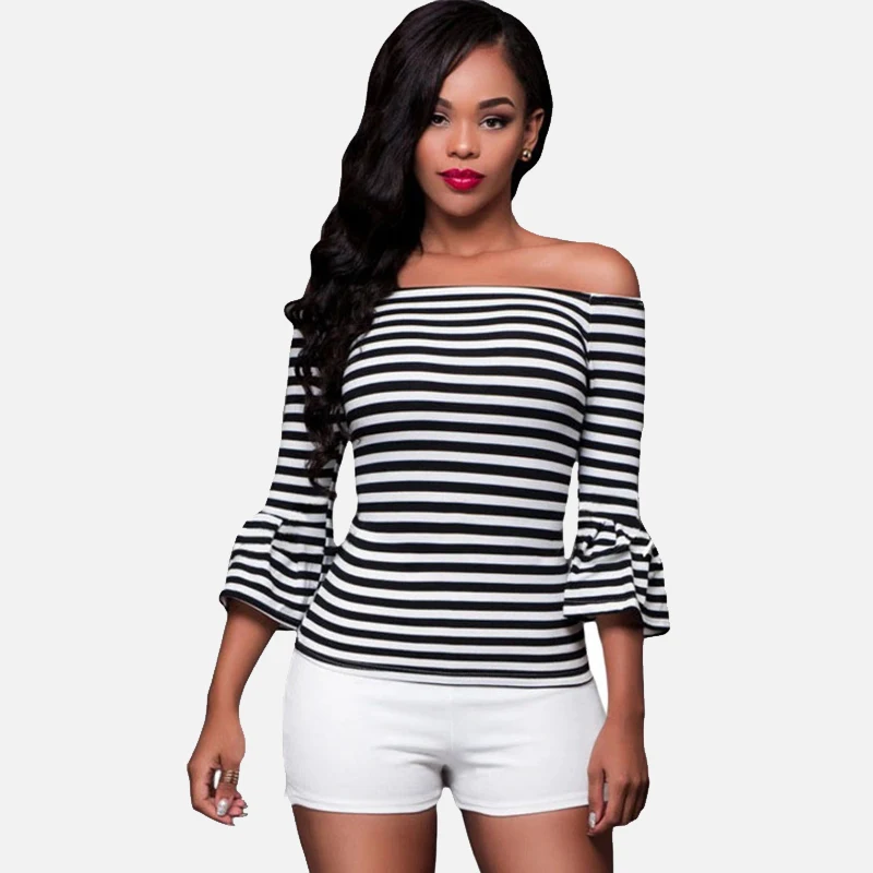 Off Shoulder Slash Neck Flared Striped Women's Shirts Long Sleeve Female Sexy Blouses 2019 Spring Summer Feminine Camisas Tops