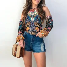 Summer Fashion T-Shirt Flare sleeve tee shirt Floral Print Long Lantern Sleeve Halter Neck Cold Shoulder T-Shirt khaki plain cold shoulder long sleeves t shirt