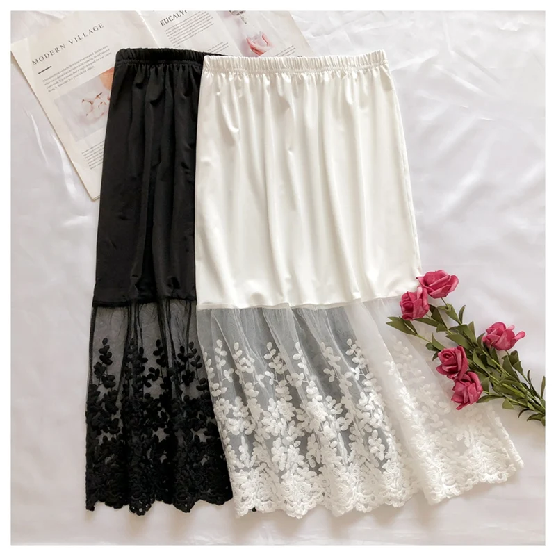 

Spirng Summer Women Lace Floral Embroidery Mesh Lace Skirts Casual Sexy Elegant High Waist One Layer Transparent Skirt Female