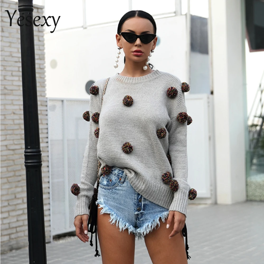 

Yesexy 2019 Autumn Winter Round Neck Loose Sweater Women Ball Decorative Female Knitted Sweater TB0046