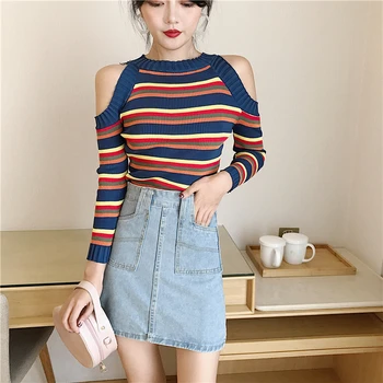 

Autumn Winter Women Knitting Hole Striped Slim Full Sleeve Off Shoulder Sweaters Pullovers Girls Knitted Knitwear Women