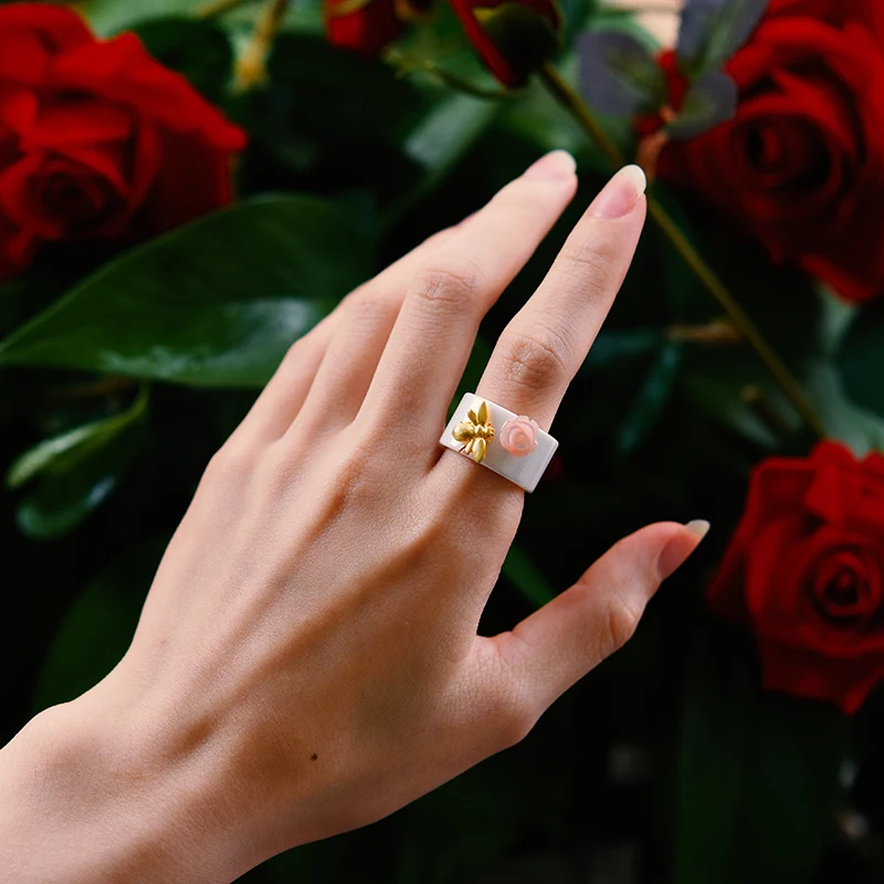 Lotus Fun Solid 925 Sterling Silver Rings for Women Ceramic Bee Rose Flower Silver Ring valentines day gift vintage jewelry