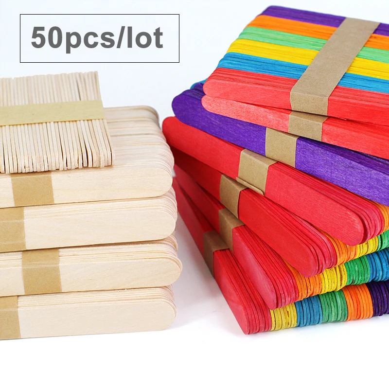 

50Pcs/Lot Colored Wooden Popsicle Sticks Natural Wood Ice Cream Sticks Kids DIY Hand Crafts Art Ice Cream Lolly Cake Accessories