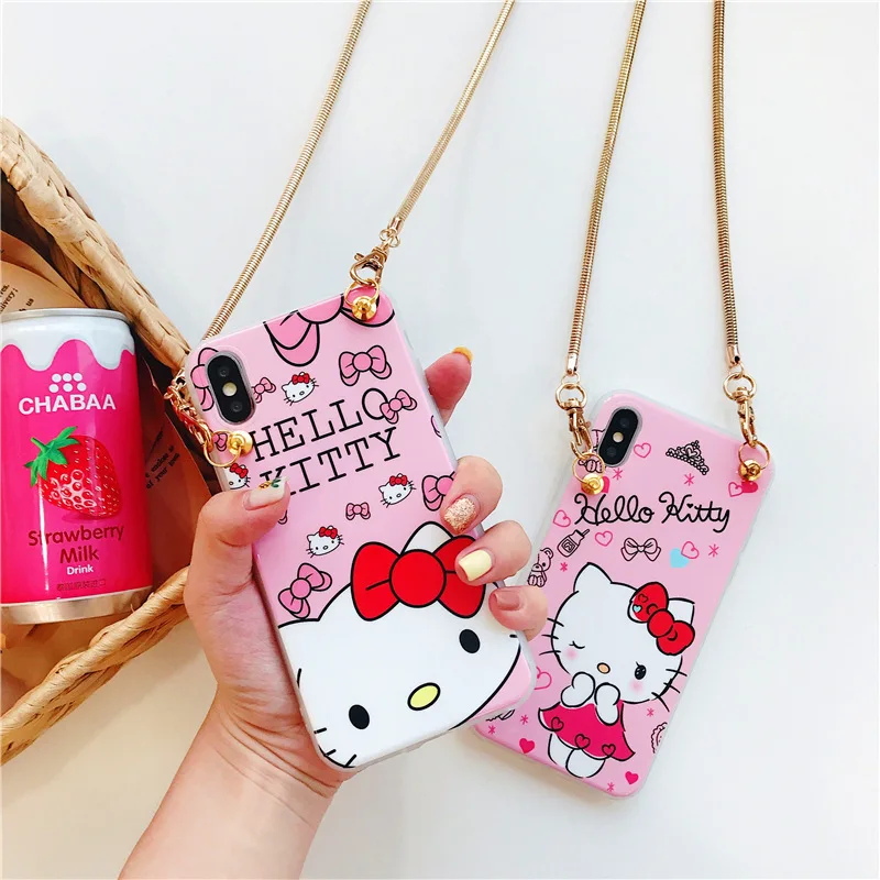 

Cartoon Pattern Phone Case for iPhone X Phone Shell 7P Silica Gel Anti-fall Pink KT Cat 8p Cute Girl Back Cover Metal Lanyard