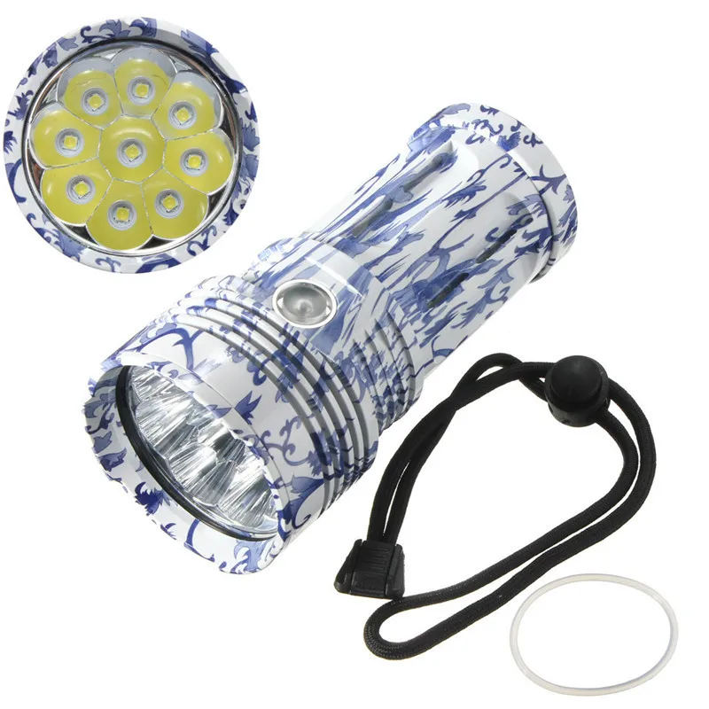 

150000lm Smuxi Portable 9xt6 COB LED flashlight zoomable Worklight 5 modes Rechargeable waterproof Blue and white porcelain