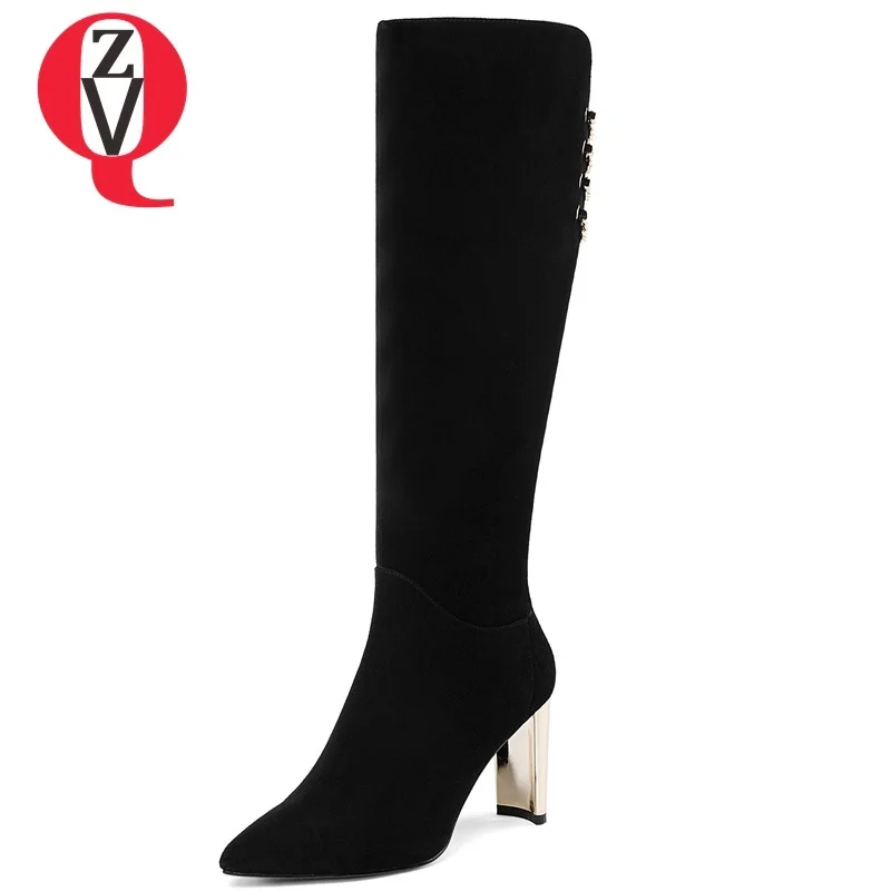 

ZVQ women shoes winter newest fashion kid suede super high strange style zip pointed toe metal decoration party knee high boots