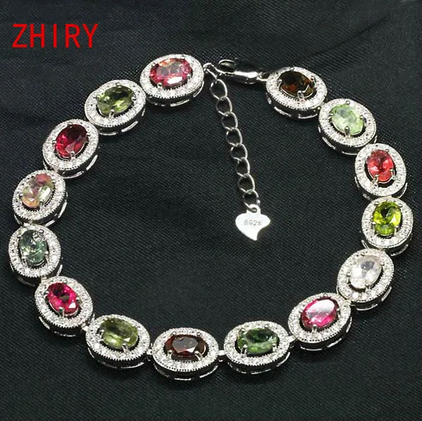  Natural Tourmaline Gems Bracelet Natural stone Genuine 925 Sterling Silver woman jewelry 