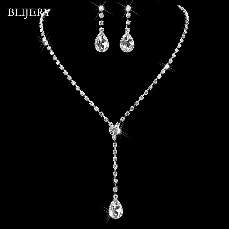 BLIJERY простой стиль Кристалл Свадебные Ювелирные наборы серебряного цвета ожерелье со стразами Комплект сережек для женщин наборы свадебных ювелирных изделий - Окраска металла: 32J01