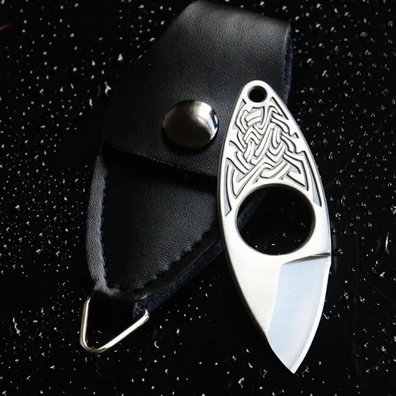 

58HRC Multifunction Pocket knife with Leather Sheath Portable Keychain Camping Knives Self-defense Survival Tactical Tool