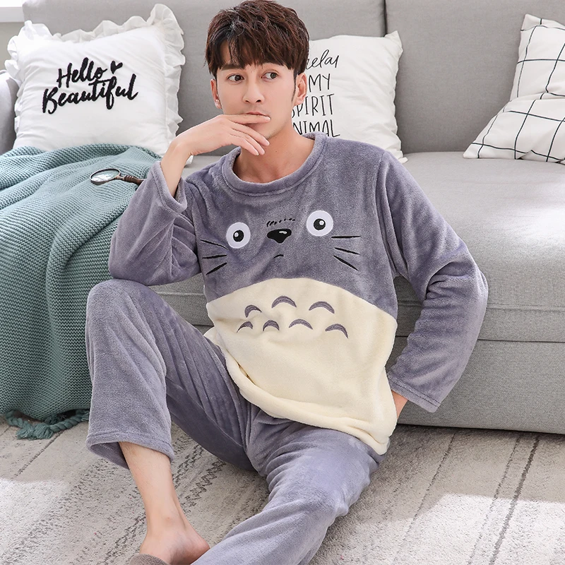 Men's Pajamas Winter Mens Flannel Pajama Sets O-Neck Long Sleeve Pyjama Men Sleepwear Male Thick Warm Coral Fleece 6852# | Мужская