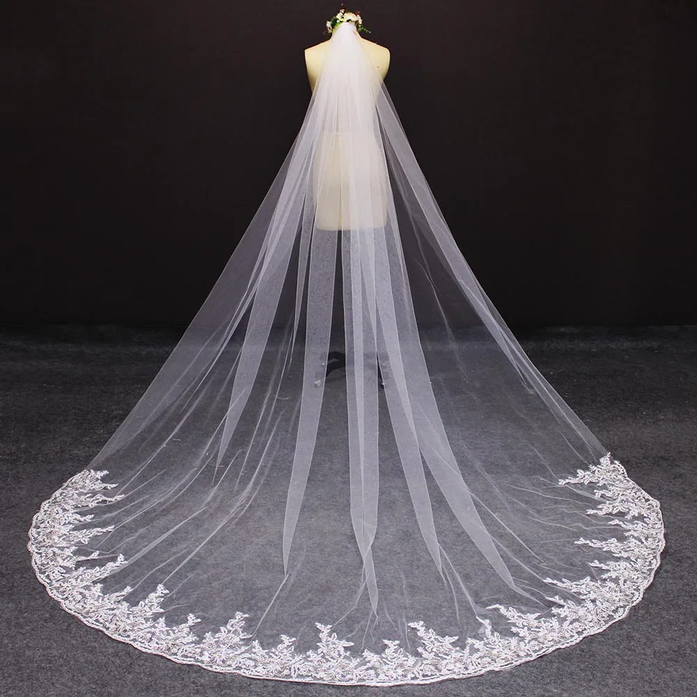 

Long Wedding Veil with Comb 3M Cathedral Bridal Veil with Sequined Lace Appliques Metal Comb Voile Mariage 2019