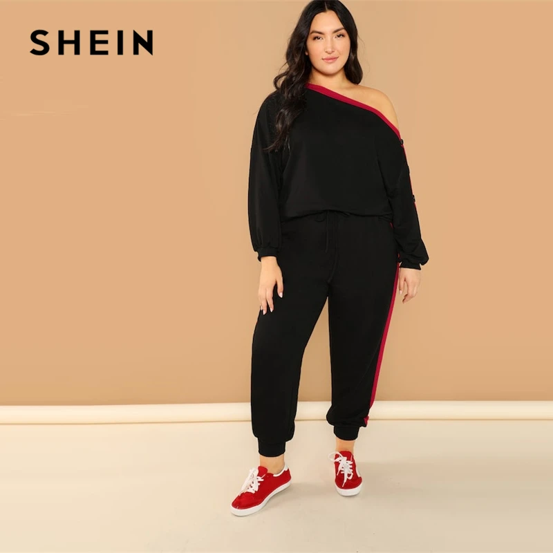 SHEIN Спортивный Костюм Размера Плюс С Контрастной Отделкой Топ С Открытым Плечом И Спортивные Брюки