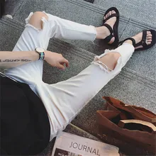 2016 hot new verão novo mens moda personalidade Fino buraco rebarba calças pés nove pontos de jeans lavado cor sólida tendência de jovens do sexo masculino