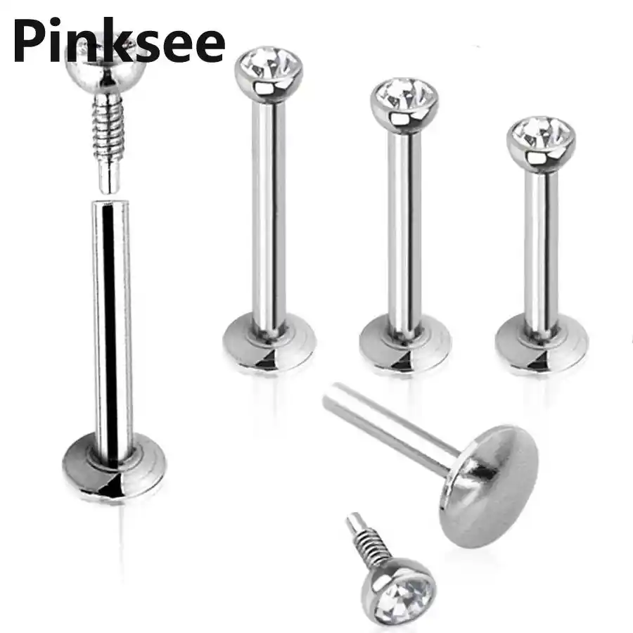 6mm 8mm 10mm Silver Labret Lip Bar Ring Crystal/Rhinestone Gauge