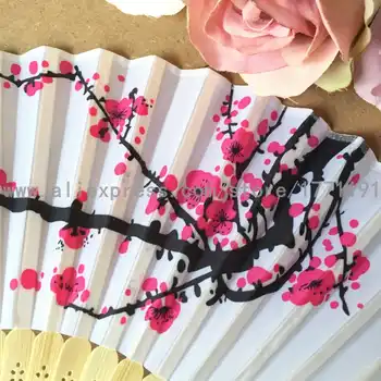 Free shipping 50Sets/Lot Personalized Wedding Date & Names Plum flower Chinese Silk Hand Fan with Luxury Gift Box for Wedding