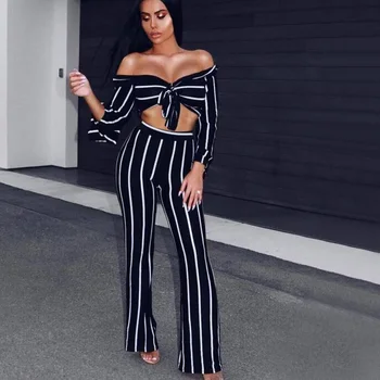 

2017 New Elegant Two 2 Pieces Sexy Jumpsuit Black And White Stripes Long Sleeve Crop Tops +Long Pants Celebrity Casual Vestidos