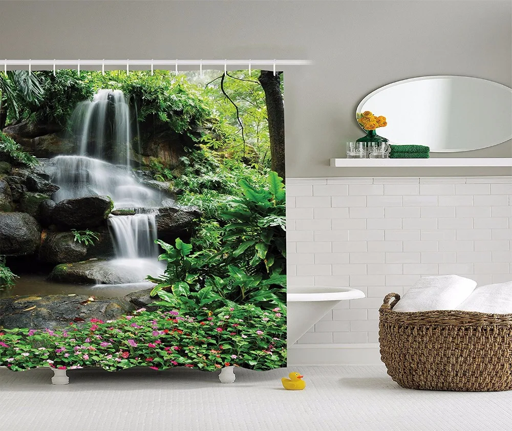 High Quality Shower Curtains Alpine waterfall flowers with green leaves Bathroom Decorative