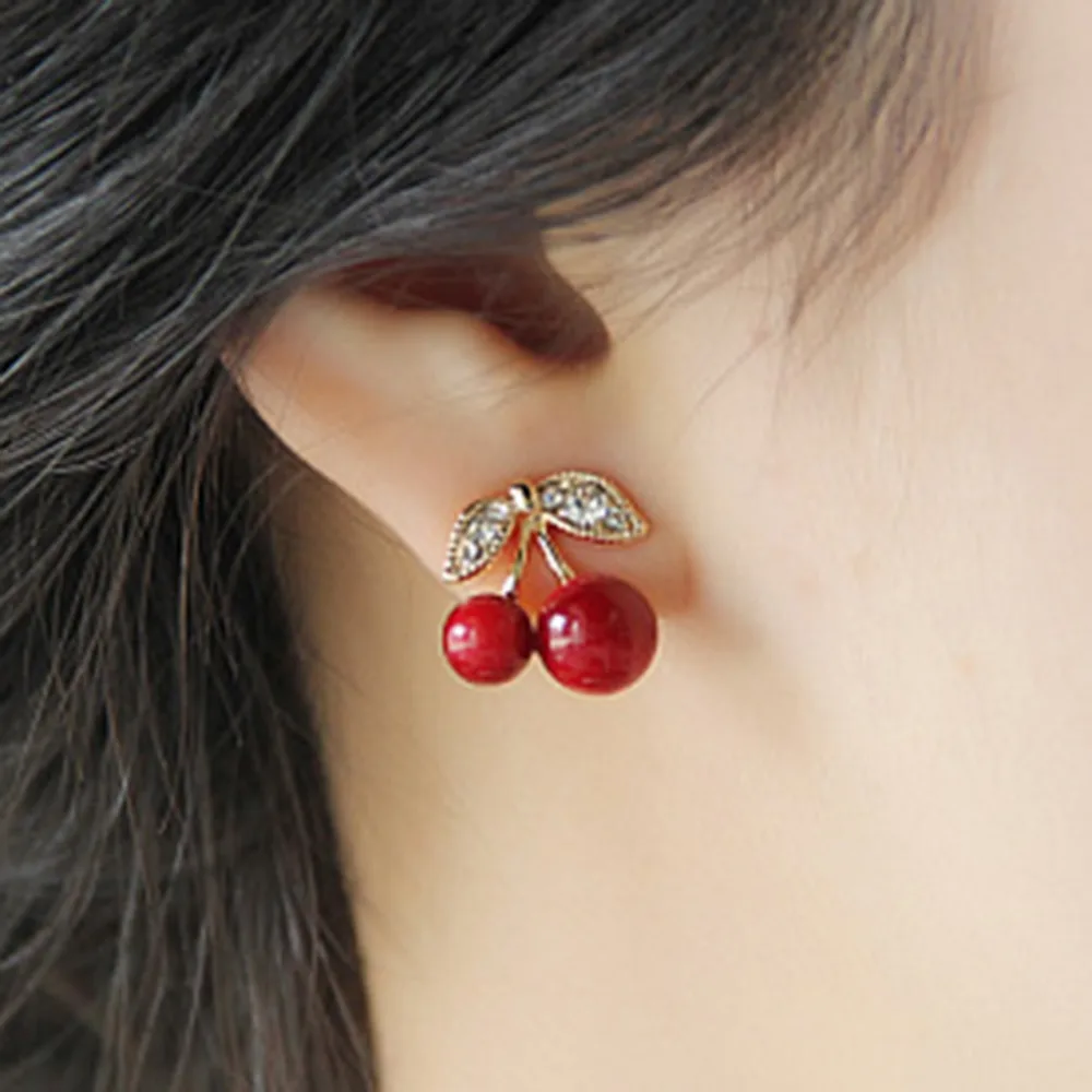2017 New Fashion Red Cherry Rhinestones Stud Earrings Wedding Jewelry