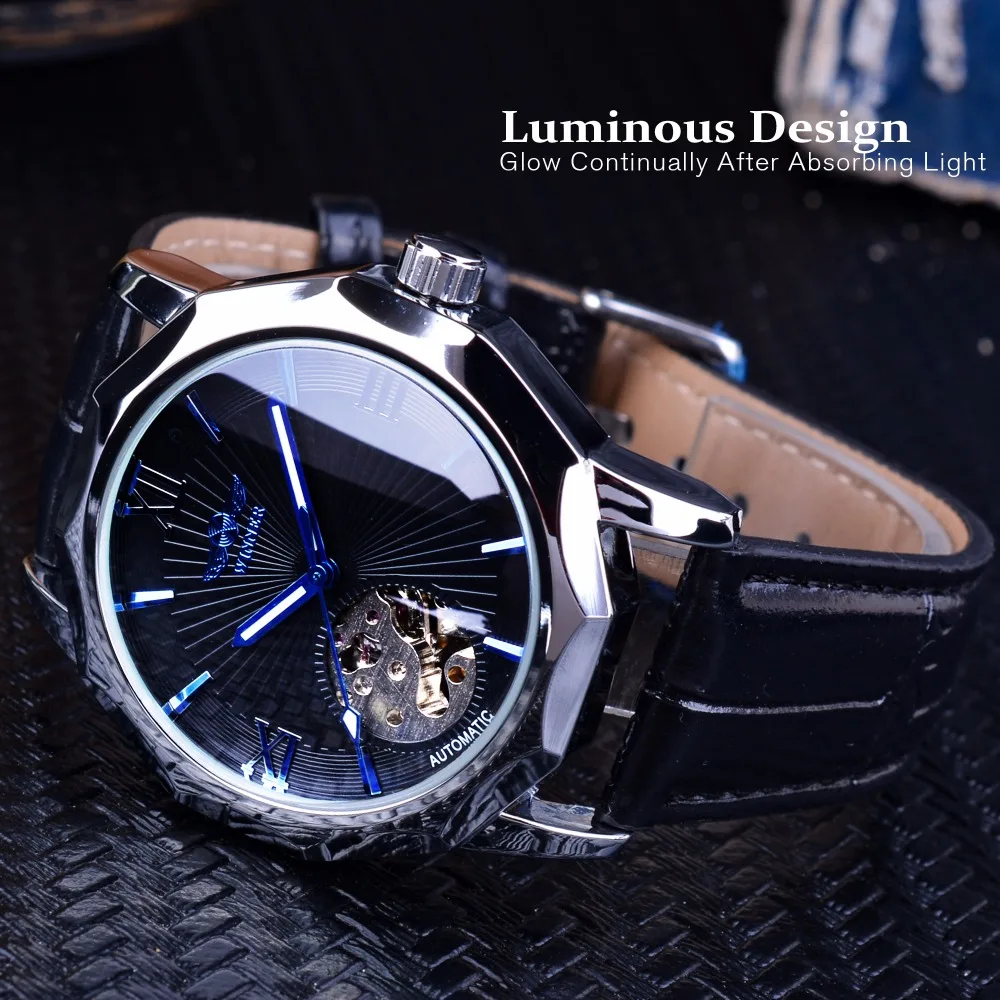 Winner Blue Ocean Geometry Design Transparent Skeleton Dial Mens Watch Top Brand Luxury Automatic Fashion Mechanical Watch Clock - Image 3