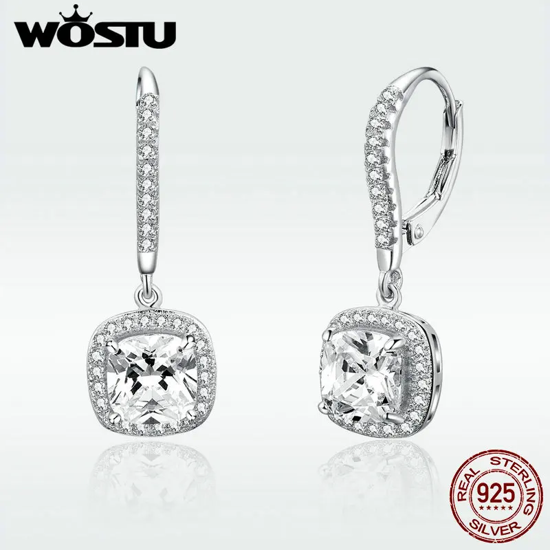 

WOSTU Real 925 Sterling Silver Fashion Square Drop Earring With Clear CZ Jewelry For Women Earrings Elegant Lucky Gift DXE520