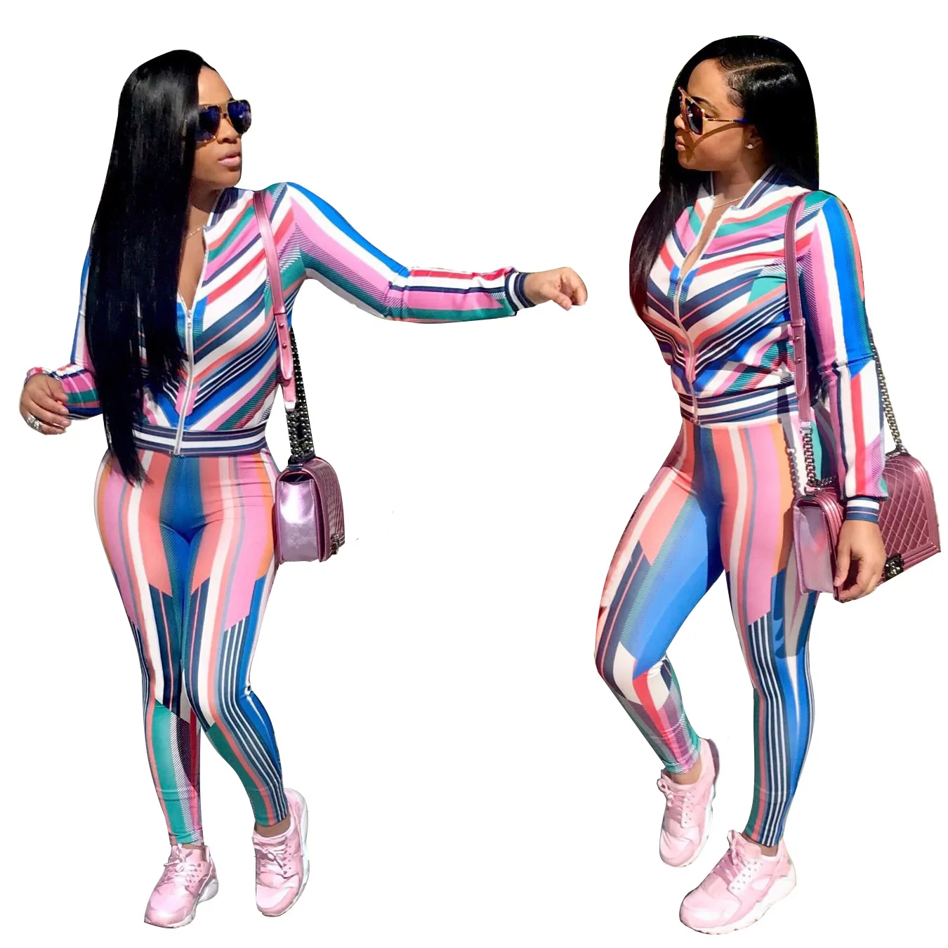 

2019 New Arrival Full Office Lady Zipper O-neck Regular Elastic Waist Regular Striped Full Length Woman Suits Lady Suit Office