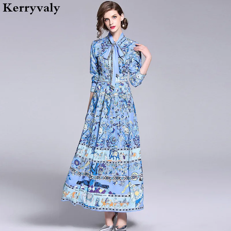 

Summer Long Bow Blue Beach Retro Dress Ropa Mujer Verano 2019 Large Pendulum Party Maxi Dress Robe Longue K7712